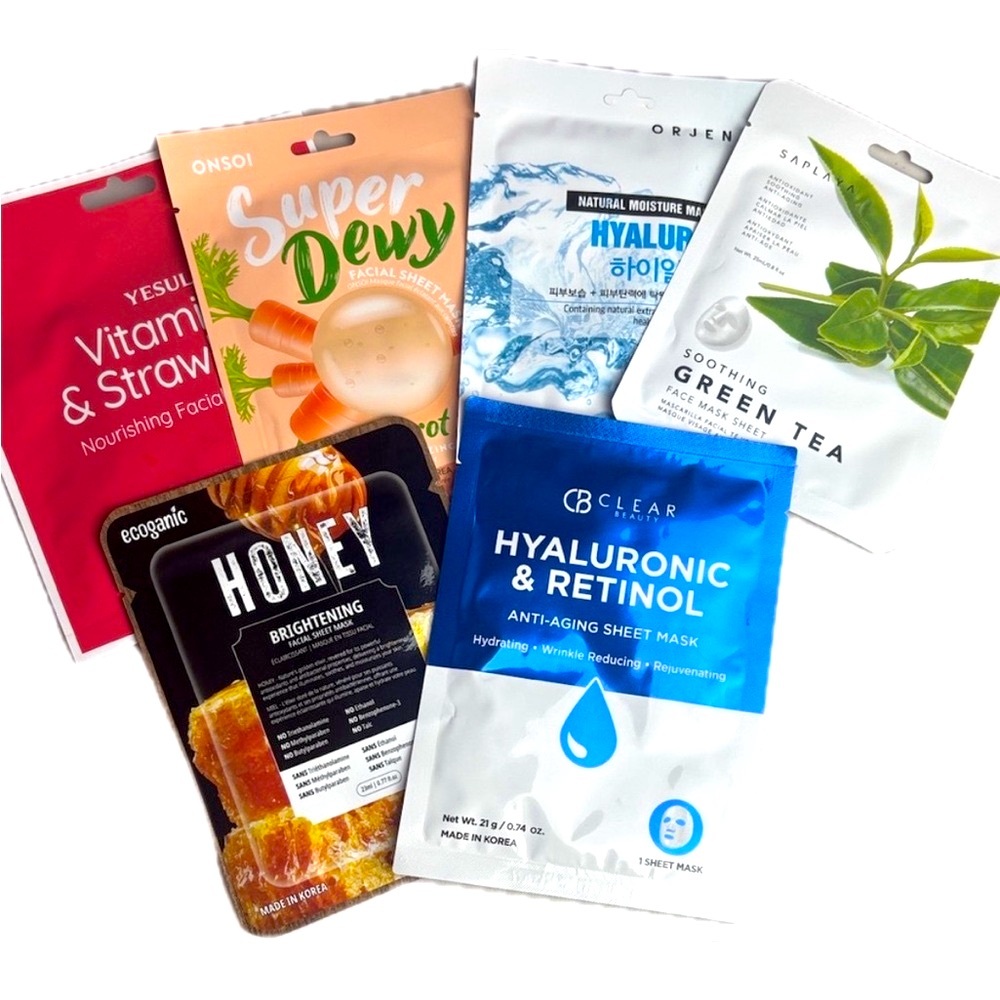 Mixture of 6 Luxury Facial Sheet Masks hyaluronic retinol brightening smoothing